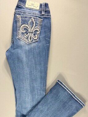Miss Me Mid-rise Boot Cut Jeans Fleur De Lis Rhinestone Medium Wash Size 30